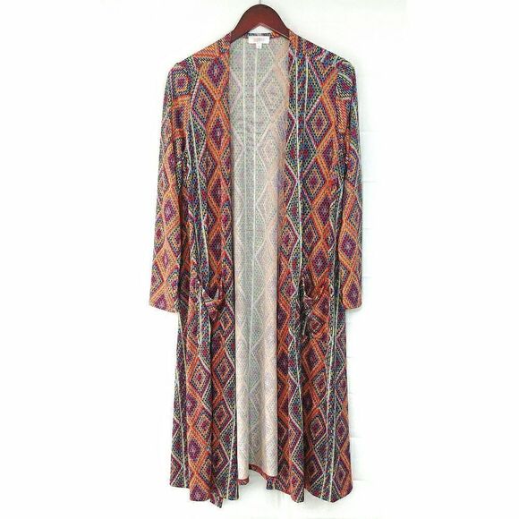 Lularoe Sarah Cardigan Duster Orange Blue Geometric Print - Picture 1 of 6
